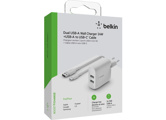 Belkin Dual USB-A Ladegert incl. USB-C Kabel 1m, 24W, wei